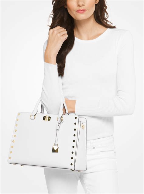 michael kors sylvie studded large leather satchel|Michael Kors manhattan leather satchel.